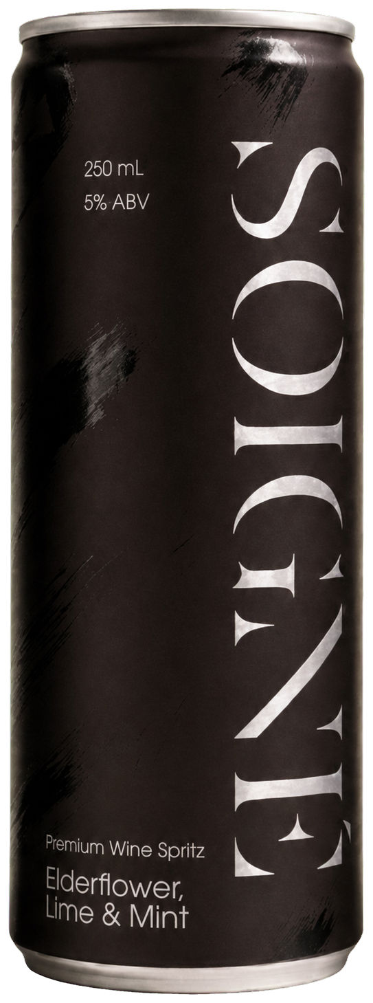 Soigné Elderflower, Lime and Mint premium wine spritz can, brushed silver