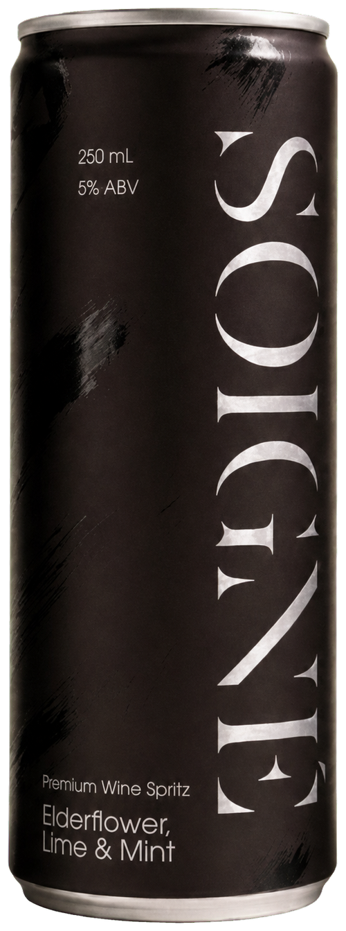 Soigné Elderflower, Lime and Mint premium wine spritz can, brushed silver
